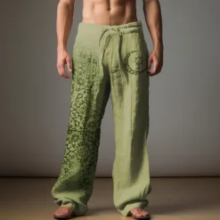 New OUKU Men's Graphic Moon Linen Pants Pants Trousers Baggy Pants Mid Waist Casual Vacation Daily Wear Going out Spring Fall Black Light Brown Blue