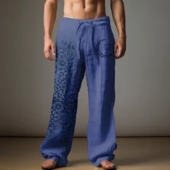 New OUKU Men's Graphic Moon Linen Pants Pants Trousers Baggy Pants Mid Waist Casual Vacation Daily Wear Going out Spring Fall Black Light Brown Blue