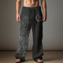 New OUKU Men's Graphic Moon Linen Pants Pants Trousers Baggy Pants Mid Waist Casual Vacation Daily Wear Going out Spring Fall Black Light Brown Blue
