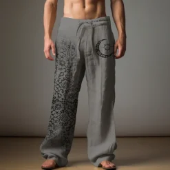 New OUKU Men's Graphic Moon Linen Pants Pants Trousers Baggy Pants Mid Waist Casual Vacation Daily Wear Going out Spring Fall Black Light Brown Blue