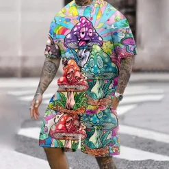 OUKU Men's Graphic Mushroom 2pcs Tees sets Short Sleeve Short Pants Crew Neck Designer Casual Comfortable Outdoor Vacation Daily 3D Print Spring & Summer Pink Red Blue