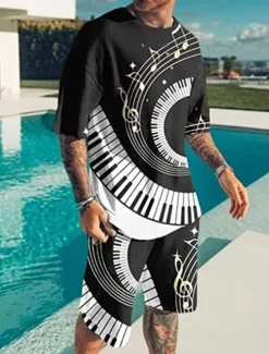 Online OUKU Men's Graphic Musical Notes 2pcs Tees sets Matching Sets Short Sleeve Short Pants Crew Neck Designer Casual Comfortable Outdoor Vacation Daily 3D Print Spring & Summer Black And White Black / White