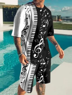 Online OUKU Men's Graphic Musical Notes 2pcs Tees sets Matching Sets Short Sleeve Short Pants Crew Neck Designer Casual Comfortable Outdoor Vacation Daily 3D Print Spring & Summer Black And White Black / White