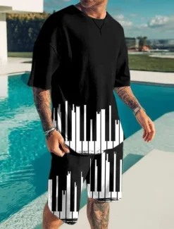 Online OUKU Men's Graphic Musical Notes 2pcs Tees sets Matching Sets Short Sleeve Short Pants Crew Neck Designer Casual Comfortable Outdoor Vacation Daily 3D Print Spring & Summer Black And White Black / White