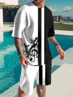Online OUKU Men's Graphic Musical Notes 2pcs Tees sets Matching Sets Short Sleeve Short Pants Crew Neck Designer Casual Comfortable Outdoor Vacation Daily 3D Print Spring & Summer Black And White Black / White