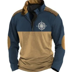 Hot OUKU Men's Graphic Nautical Compass Sweatshirts Sweatshirt Zip Sweatshirt Long Sleeve Sweatshirt Quarter Zip Sports Casual Vintage Retro 3D Print Vacation Sports Outdoor Holiday Print Spring & Fall