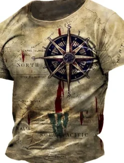 Outlet OUKU Men's Graphic Nautical Compass T Shirt Tee Distressed T Shirt Short Sleeve T shirt 3D Print Crew Neck Shirt Vintage Fashion Designer Outdoor Casual Daily Spring & Summer Clothing Apparel S M L Khaki