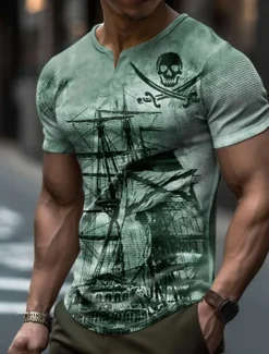 Online OUKU Men's Graphic Nautical Pirate Skulls Waffle T Shirt Short Sleeve T shirt 3D Print V Neck Shirt Fashion Designer Basic Outdoor Daily Sports Blue Green Khaki Summer Clothing Apparel S M L XL 2XL 3XL