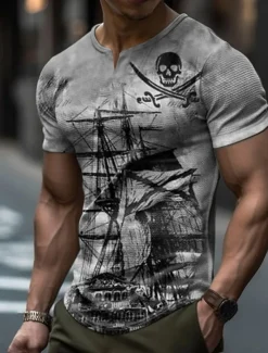 Online OUKU Men's Graphic Nautical Pirate Skulls Waffle T Shirt Short Sleeve T shirt 3D Print V Neck Shirt Fashion Designer Basic Outdoor Daily Sports Blue Green Khaki Summer Clothing Apparel S M L XL 2XL 3XL