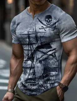 Online OUKU Men's Graphic Nautical Pirate Skulls Waffle T Shirt Short Sleeve T shirt 3D Print V Neck Shirt Fashion Designer Basic Outdoor Daily Sports Blue Green Khaki Summer Clothing Apparel S M L XL 2XL 3XL