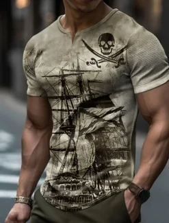 Online OUKU Men's Graphic Nautical Pirate Skulls Waffle T Shirt Short Sleeve T shirt 3D Print V Neck Shirt Fashion Designer Basic Outdoor Daily Sports Blue Green Khaki Summer Clothing Apparel S M L XL 2XL 3XL