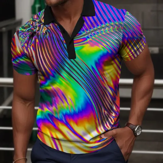 Sale OUKU Men's Graphic Neon Polo Shirts Golf Shirt Short Sleeve Polo Shirts Collared Shirts Vacation Wear Rave Wear Party Outfits Buttons 3D Print Spring & Summer Purple
