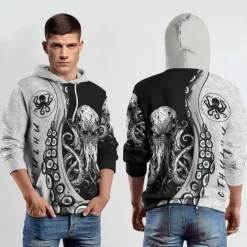 Online OUKU Men's Graphic Octopus Hoodie Hoodies Sweatshirt Fashion Daily Long Sleeve Hooded Vacation Streetwear Printing Fleece Winter Spring & Fall Designer Black Grey