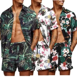 Outlet OUKU Men's Graphic Palm Leaf Tropical Plants 2pcs Shirts Sets Summer Hawaiian Shirt Short Sleeve Short Pants Turndown Designer Beach Vacation Casual Daily 3D Summer Silver Red / White Green / Black