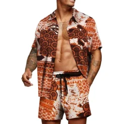 Outlet OUKU Men's Graphic Palm Leaf Tropical Plants 2pcs Shirts Sets Summer Hawaiian Shirt Short Sleeve Short Pants Turndown Designer Beach Vacation Casual Daily 3D Summer Silver Red / White Green / Black