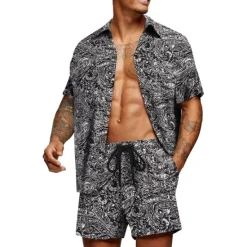 Outlet OUKU Men's Graphic Palm Leaf Tropical Plants 2pcs Shirts Sets Summer Hawaiian Shirt Short Sleeve Short Pants Turndown Designer Beach Vacation Casual Daily 3D Summer Silver Red / White Green / Black