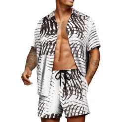 Outlet OUKU Men's Graphic Palm Leaf Tropical Plants 2pcs Shirts Sets Summer Hawaiian Shirt Short Sleeve Short Pants Turndown Designer Beach Vacation Casual Daily 3D Summer Silver Red / White Green / Black