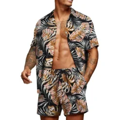 Outlet OUKU Men's Graphic Palm Leaf Tropical Plants 2pcs Shirts Sets Summer Hawaiian Shirt Short Sleeve Short Pants Turndown Designer Beach Vacation Casual Daily 3D Summer Silver Red / White Green / Black