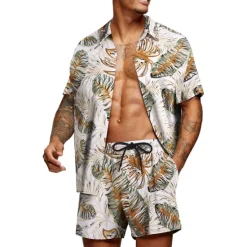 Outlet OUKU Men's Graphic Palm Leaf Tropical Plants 2pcs Shirts Sets Summer Hawaiian Shirt Short Sleeve Short Pants Turndown Designer Beach Vacation Casual Daily 3D Summer Silver Red / White Green / Black