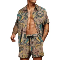 Outlet OUKU Men's Graphic Palm Leaf Tropical Plants 2pcs Shirts Sets Summer Hawaiian Shirt Short Sleeve Short Pants Turndown Designer Beach Vacation Casual Daily 3D Summer Silver Red / White Green / Black