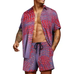 Outlet OUKU Men's Graphic Palm Leaf Tropical Plants 2pcs Shirts Sets Summer Hawaiian Shirt Short Sleeve Short Pants Turndown Designer Beach Vacation Casual Daily 3D Summer Silver Red / White Green / Black