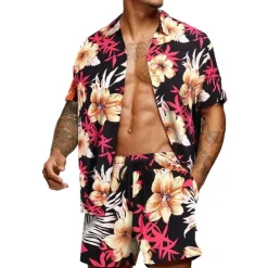 Outlet OUKU Men's Graphic Palm Leaf Tropical Plants 2pcs Shirts Sets Summer Hawaiian Shirt Short Sleeve Short Pants Turndown Designer Beach Vacation Casual Daily 3D Summer Silver Red / White Green / Black