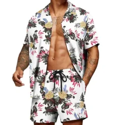Outlet OUKU Men's Graphic Palm Leaf Tropical Plants 2pcs Shirts Sets Summer Hawaiian Shirt Short Sleeve Short Pants Turndown Designer Beach Vacation Casual Daily 3D Summer Silver Red / White Green / Black