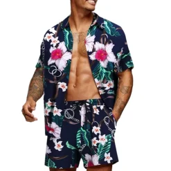 Outlet OUKU Men's Graphic Palm Leaf Tropical Plants 2pcs Shirts Sets Summer Hawaiian Shirt Short Sleeve Short Pants Turndown Designer Beach Vacation Casual Daily 3D Summer Silver Red / White Green / Black