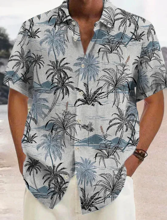 Online OUKU Men's Graphic Palm Tree Palm Leaf Summer Hawaiian Shirt Aloha Shirt Short Sleeve Shirt Turndown Hawaiian Outdoor clothing Daily Wear Weekend Blue Gray S M L