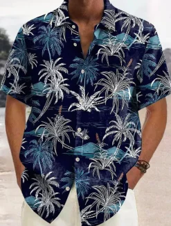 Online OUKU Men's Graphic Palm Tree Palm Leaf Summer Hawaiian Shirt Aloha Shirt Short Sleeve Shirt Turndown Hawaiian Outdoor clothing Daily Wear Weekend Blue Gray S M L