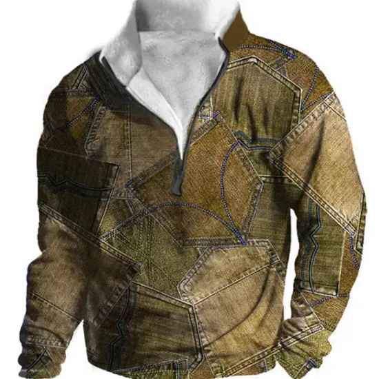 Hot OUKU Men's Graphic Patchwork Denim Sweatshirts Sweatshirt Zip Sweatshirt Long Sleeve Sweatshirt Quarter Zip Daily Basic Casual 3D Print Vacation Holiday Going out Print Fleece Fall & Winter