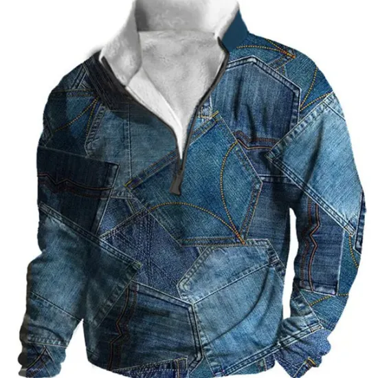 Hot OUKU Men's Graphic Patchwork Denim Sweatshirts Sweatshirt Zip Sweatshirt Long Sleeve Sweatshirt Quarter Zip Daily Basic Casual 3D Print Vacation Holiday Going out Print Fleece Fall & Winter