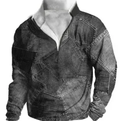 Hot OUKU Men's Graphic Patchwork Denim Sweatshirts Sweatshirt Zip Sweatshirt Long Sleeve Sweatshirt Quarter Zip Daily Basic Casual 3D Print Vacation Holiday Going out Print Fleece Fall & Winter