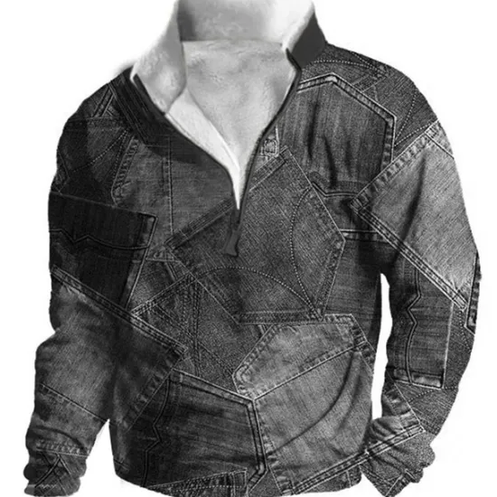 Hot OUKU Men's Graphic Patchwork Denim Sweatshirts Sweatshirt Zip Sweatshirt Long Sleeve Sweatshirt Quarter Zip Daily Basic Casual 3D Print Vacation Holiday Going out Print Fleece Fall & Winter