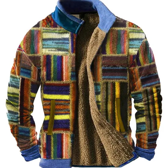 Hot OUKU Men's Graphic Patchwork Sweatshirts Zip Sweatshirt Fleece Jacket Outerwear Long Sleeve Sweatshirt Stand Collar Daily Casual Vintage Retro Vacation Holiday Going out Fleece Winter