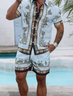 Best OUKU Men's Graphic 2pcs Shirts Sets Summer Tops Short Sleeve Short Pants Turndown Ethnic Outdoor Casual Daily 3D Print Summer Robin's Egg Blue Black Yellow