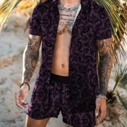 Outlet OUKU Men's Graphic 2pcs Shirts Sets Matching Sets Short Sleeve Short Pants Sporty Casual / Sporty Daily Weekend Print Spring & Summer Black Blue Purple