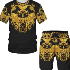 Hot OUKU Men's Graphic 2pcs Tees sets Matching Sets Short Sleeve Short Pants Crew Neck Designer Casual Comfortable Outdoor Vacation Daily 3D Print Spring & Summer Light Yellow Black Yellow