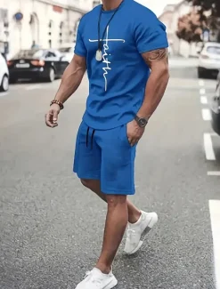 Outlet OUKU Men's Graphic 2pcs Tees sets Summer Tops Short Sleeve Short Pants Crew Neck Sport Casual Casual Going out Streetwear 3D Print Summer Grey Black Red