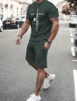 Outlet OUKU Men's Graphic 2pcs Tees sets Summer Tops Short Sleeve Short Pants Crew Neck Sport Casual Casual Going out Streetwear 3D Print Summer Grey Black Red