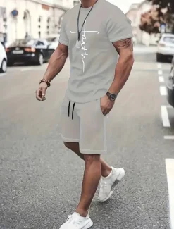 Outlet OUKU Men's Graphic 2pcs Tees sets Summer Tops Short Sleeve Short Pants Crew Neck Sport Casual Casual Going out Streetwear 3D Print Summer Grey Black Red