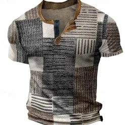 Sale OUKU Men's Graphic Plaid Waffle Henley Shirt Tee Short Sleeve 3D Print Fashion Designer Basic Outdoor Casual Daily Summer Blue Green Khaki Dark Gray Henley Henley T-Shirt