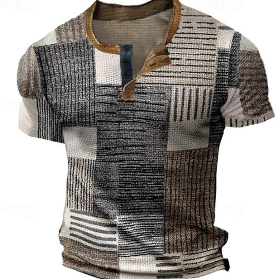 Sale OUKU Men's Graphic Plaid Waffle Henley Shirt Tee Short Sleeve 3D Print Fashion Designer Basic Outdoor Casual Daily Summer Blue Green Khaki Dark Gray Henley Henley T-Shirt