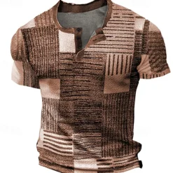 Sale OUKU Men's Graphic Plaid Waffle Henley Shirt Tee Short Sleeve 3D Print Fashion Designer Basic Outdoor Casual Daily Summer Blue Green Khaki Dark Gray Henley Henley T-Shirt