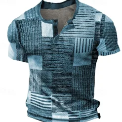 Sale OUKU Men's Graphic Plaid Waffle Henley Shirt Tee Short Sleeve 3D Print Fashion Designer Basic Outdoor Casual Daily Summer Blue Green Khaki Dark Gray Henley Henley T-Shirt