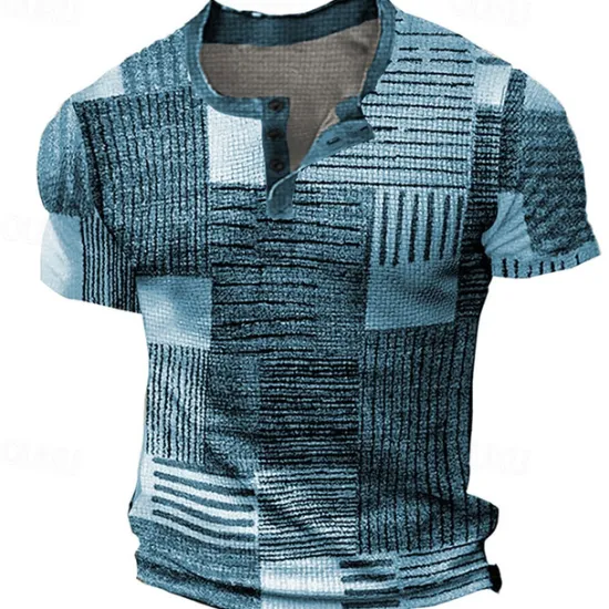 Sale OUKU Men's Graphic Plaid Waffle Henley Shirt Tee Short Sleeve 3D Print Fashion Designer Basic Outdoor Casual Daily Summer Blue Green Khaki Dark Gray Henley Henley T-Shirt