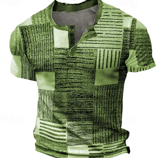 Sale OUKU Men's Graphic Plaid Waffle Henley Shirt Tee Short Sleeve 3D Print Fashion Designer Basic Outdoor Casual Daily Summer Blue Green Khaki Dark Gray Henley Henley T-Shirt