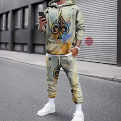 New OUKU Men's Graphic Poker 2pcs 3D Sweatshirt Sets Tracksuit Hoodies Long Sleeve Long pants Hooded Streetwear Designer Basic Sports & Outdoor Casual Sports Print Spring Fall Black And White Light Yellow