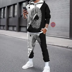New OUKU Men's Graphic Poker 2pcs 3D Sweatshirt Sets Tracksuit Hoodies Long Sleeve Long pants Hooded Streetwear Designer Basic Sports & Outdoor Casual Sports Print Spring Fall Black And White Light Yellow