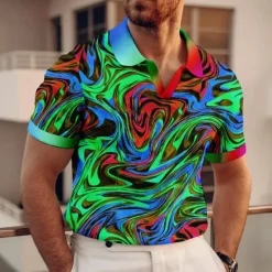 New OUKU Men's Graphic Polo Shirts Golf Shirt Short Sleeve Polo Shirts V Neck Casual Vacation Wear Rave Wear Party Outfits 3D Print Yellow Red Blue